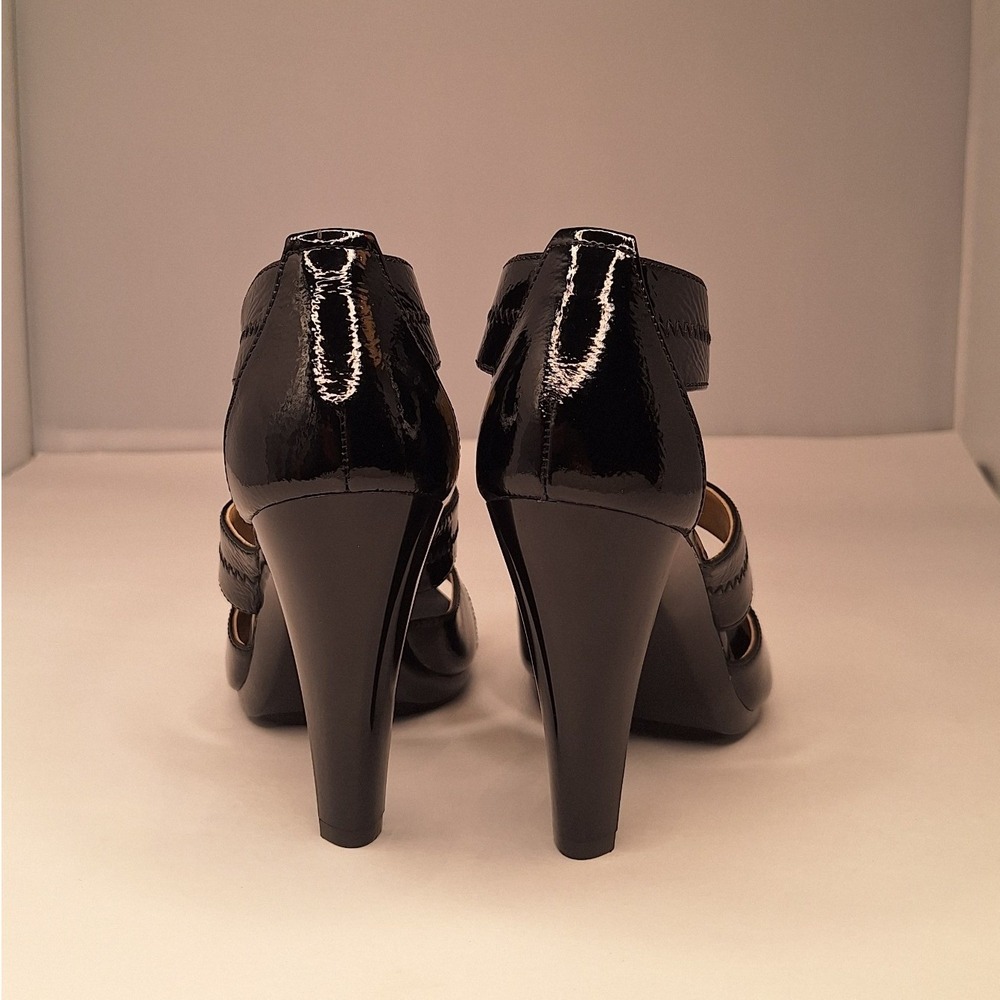 Michael Kors Black Patent Leather T-Strap Cage Heels Front Zip Stiletto Sandals - Picture 7 of 10